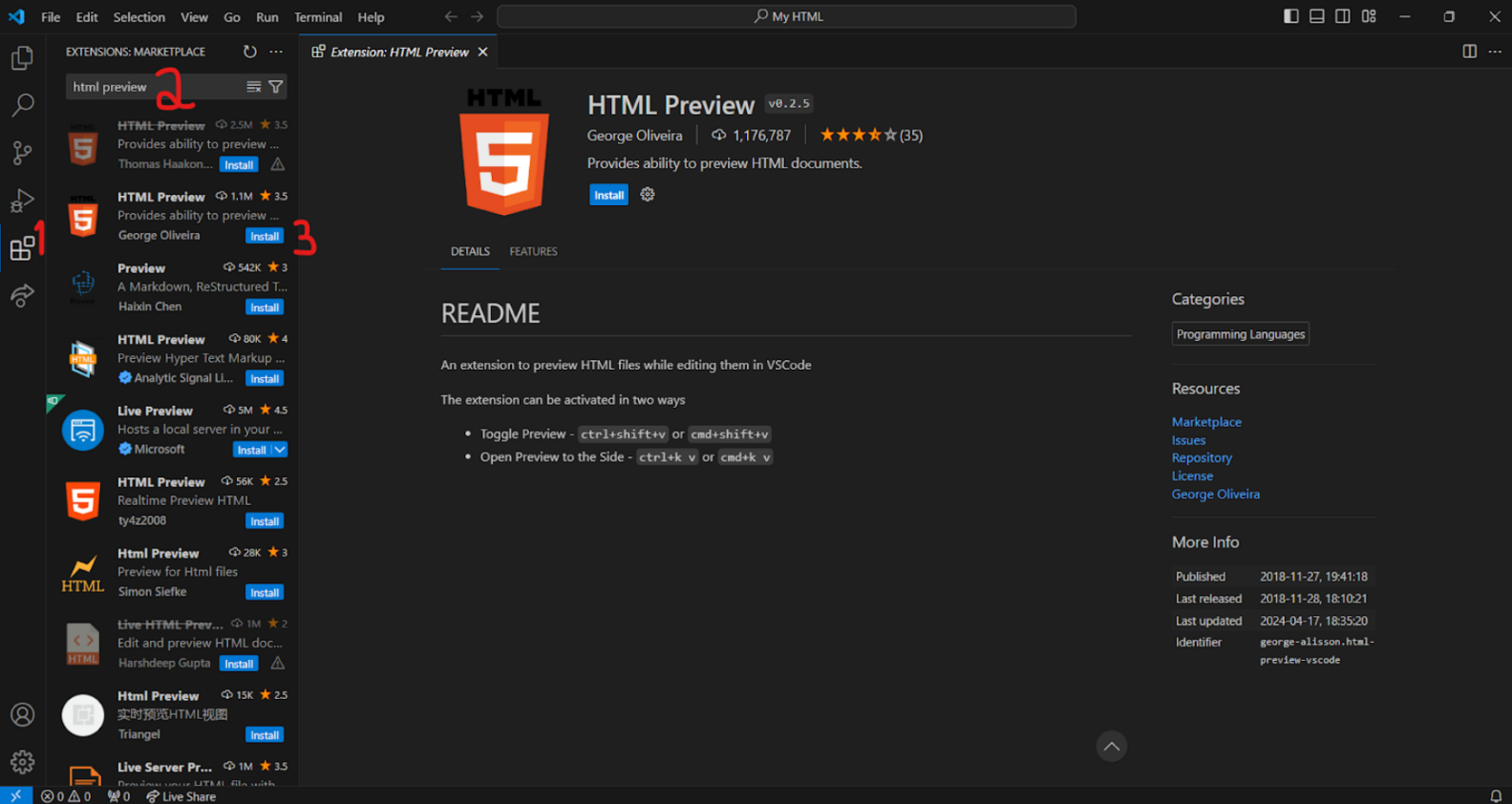 A screenshot of VS Code, showing how to install HTML preview in the extensions market.